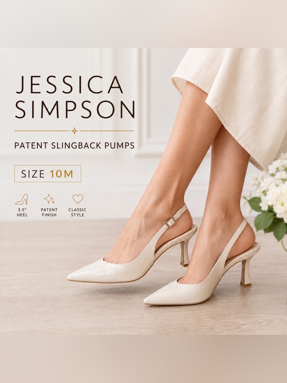Jessica Simpson Fozelle 3 Ivory Patent Slingback Pointed Toe Pumps Size 10M